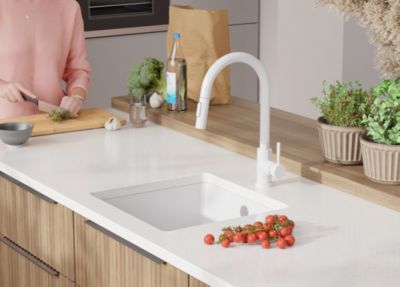 PRIMAGRAN Evier Sous Plan Blanc 46x44cm, Evier en Granit 1 bac + Kit de Vidage, Évier au meuble 50cm - Venise Easy