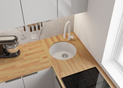 PRIMAGRAN Evier Sous Plan Blanc 46x46cm, Evier en Granit 1 bac + Kit de Vidage + Accessoires, Évier au meuble 50cm - La Valette