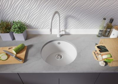 PRIMAGRAN Evier Sous Plan Blanc 46x46cm, Evier en Granit 1 bac + Kit de Vidage + Accessoires, Évier au meuble 50cm - La Valette