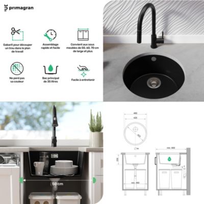 PRIMAGRAN Evier Sous Plan Blanc 46x46cm, Evier en Granit 1 bac + Kit de Vidage + Accessoires, Évier au meuble 50cm - La Valette