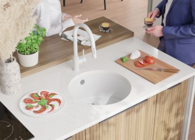 PRIMAGRAN Evier Sous Plan Blanc 46x46cm, Evier en Granit 1 bac + Kit de Vidage + Accessoires, Évier au meuble 50cm - La Valette