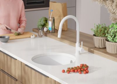PRIMAGRAN Evier Sous Plan Blanc 46x46cm, Evier en Granit 1 bac + Kit de Vidage + Accessoires, Évier au meuble 50cm - La Valette