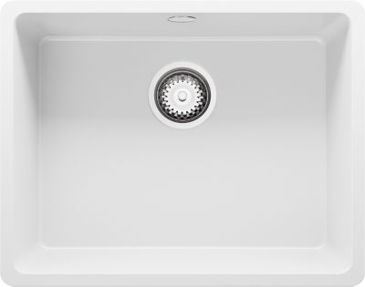 PRIMAGRAN Evier Sous Plan Blanc 56x44cm, Evier en Granit 1 bac + Kit de Vidage, Évier au meuble 60cm - Venise Easy