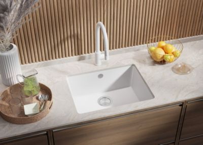 PRIMAGRAN Evier Sous Plan Blanc 56x44cm, Evier en Granit 1 bac + Kit de Vidage, Évier au meuble 60cm - Venise Easy