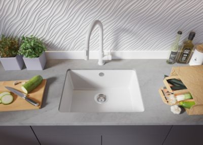 PRIMAGRAN Evier Sous Plan Blanc 56x44cm, Evier en Granit 1 bac + Kit de Vidage, Évier au meuble 60cm - Venise Easy