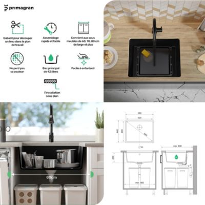 PRIMAGRAN Evier Sous Plan Blanc 56x44cm, Evier en Granit 1 bac + Kit de Vidage, Évier au meuble 60cm - Venise Easy