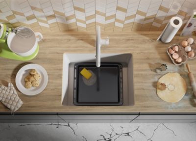 PRIMAGRAN Evier Sous Plan Blanc 56x44cm, Evier en Granit 1 bac + Kit de Vidage, Évier au meuble 60cm - Venise Easy