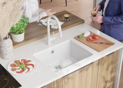 PRIMAGRAN Evier Sous Plan Blanc 56x44cm, Evier en Granit 1 bac + Kit de Vidage, Évier au meuble 60cm - Venise Easy