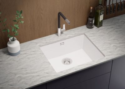 PRIMAGRAN Evier Sous Plan Blanc 56x47cm, Evier en Granit 1 bac + Kit de Vidage, Évier au meuble 60cm - London
