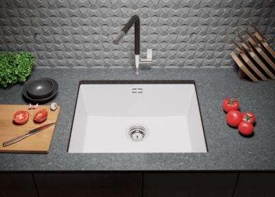 PRIMAGRAN Evier Sous Plan Blanc 56x47cm, Evier en Granit 1 bac + Kit de Vidage, Évier au meuble 60cm - London