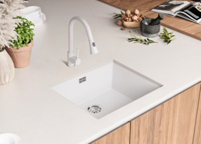 PRIMAGRAN Evier Sous Plan Blanc 56x47cm, Evier en Granit 1 bac + Kit de Vidage, Évier au meuble 60cm - London