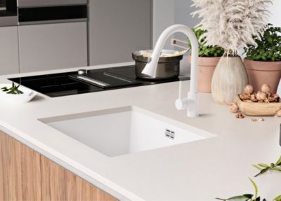 PRIMAGRAN Evier Sous Plan Blanc 56x47cm, Evier en Granit 1 bac + Kit de Vidage, Évier au meuble 60cm - London