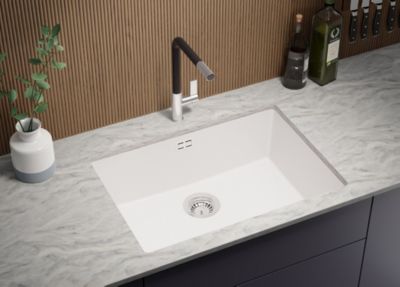 PRIMAGRAN Evier Sous Plan Blanc 66x47cm, Evier en Granit 1 bac + Kit de Vidage, Évier au meuble 70cm - London