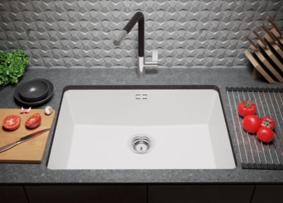 PRIMAGRAN Evier Sous Plan Blanc 66x47cm, Evier en Granit 1 bac + Kit de Vidage, Évier au meuble 70cm - London