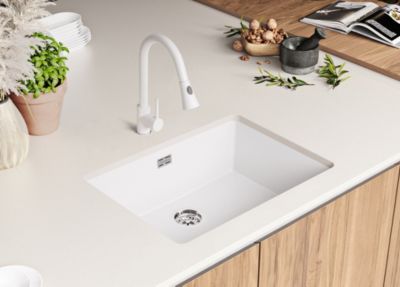 PRIMAGRAN Evier Sous Plan Blanc 66x47cm, Evier en Granit 1 bac + Kit de Vidage, Évier au meuble 70cm - London