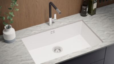 PRIMAGRAN Evier Sous Plan Blanc 76x47cm, Evier en Granit 1 bac + Kit de Vidage, Évier au meuble 80cm - London