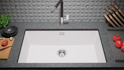 PRIMAGRAN Evier Sous Plan Blanc 76x47cm, Evier en Granit 1 bac + Kit de Vidage, Évier au meuble 80cm - London