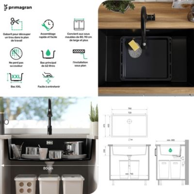 PRIMAGRAN Evier Sous Plan Blanc 76x47cm, Evier en Granit 1 bac + Kit de Vidage, Évier au meuble 80cm - London