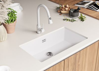 PRIMAGRAN Evier Sous Plan Blanc 76x47cm, Evier en Granit 1 bac + Kit de Vidage, Évier au meuble 80cm - London