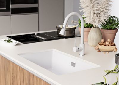 PRIMAGRAN Evier Sous Plan Blanc 76x47cm, Evier en Granit 1 bac + Kit de Vidage, Évier au meuble 80cm - London