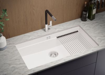 PRIMAGRAN Evier Sous Plan Blanc 86x47cm, Evier en Granit 1 bac + Kit de Vidage + Accessoires, Évier au meuble 90cm - Prague