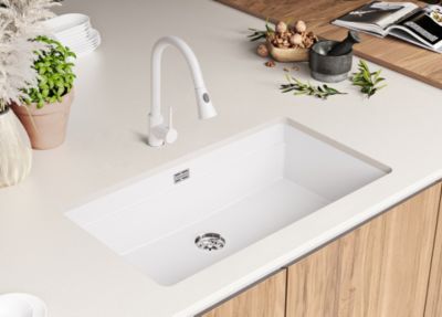 PRIMAGRAN Evier Sous Plan Blanc 86x47cm, Evier en Granit 1 bac + Kit de Vidage + Accessoires, Évier au meuble 90cm - Prague