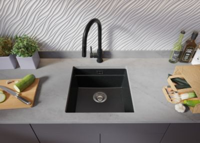 PRIMAGRAN Evier Sous Plan Graphite 46x47cm, Evier en Granit 1 bac + Kit de Vidage + Accessoires, Évier au meuble 50cm - Prague