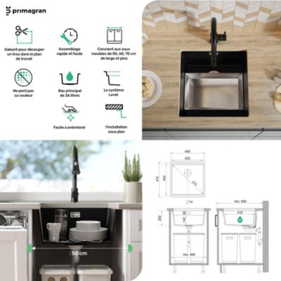 PRIMAGRAN Evier Sous Plan Graphite 46x47cm, Evier en Granit 1 bac + Kit de Vidage + Accessoires, Évier au meuble 50cm - Prague