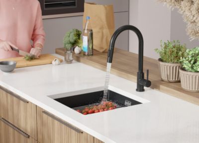PRIMAGRAN Evier Sous Plan Graphite 46x47cm, Evier en Granit 1 bac + Kit de Vidage + Accessoires, Évier au meuble 50cm - Prague