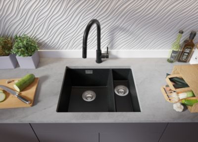 PRIMAGRAN Evier Sous Plan Graphite 56x47cm, Evier en Granit 1,5 bacs + Kit de Vidage, Évier au meuble 60cm - London Duo