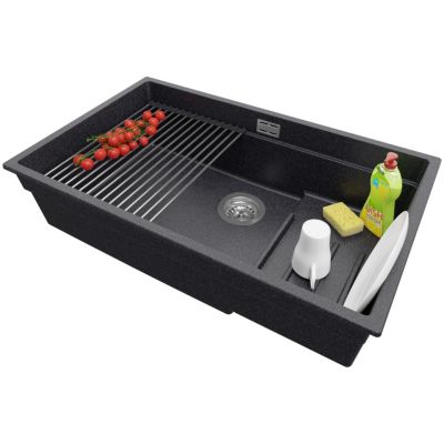 PRIMAGRAN Evier Sous Plan Graphite 76x47cm, Evier en Granit 1 bac + Kit de Vidage + Accessoires, Évier au meuble 80cm - Prague