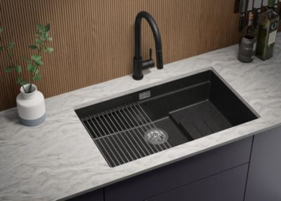 PRIMAGRAN Evier Sous Plan Graphite 76x47cm, Evier en Granit 1 bac + Kit de Vidage + Accessoires, Évier au meuble 80cm - Prague