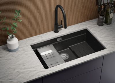 PRIMAGRAN Evier Sous Plan Graphite 76x47cm, Evier en Granit 1 bac + Kit de Vidage + Accessoires, Évier au meuble 80cm - Prague