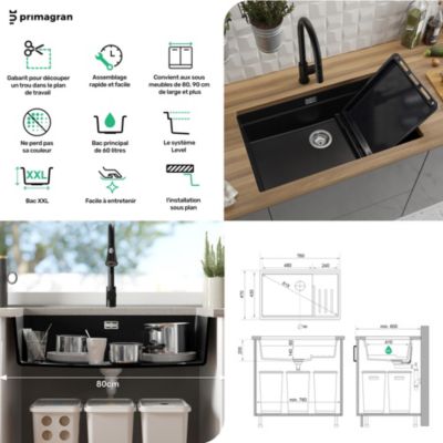 PRIMAGRAN Evier Sous Plan Graphite 76x47cm, Evier en Granit 1 bac + Kit de Vidage + Accessoires, Évier au meuble 80cm - Prague