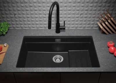 PRIMAGRAN Evier Sous Plan Graphite 76x47cm, Evier en Granit 1 bac + Kit de Vidage + Accessoires, Évier au meuble 80cm - Prague