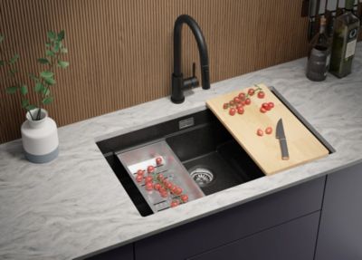 PRIMAGRAN Evier Sous Plan Graphite 76x47cm, Evier en Granit 1 bac + Kit de Vidage + Accessoires, Évier au meuble 80cm - Prague
