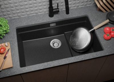 PRIMAGRAN Evier Sous Plan Graphite 76x47cm, Evier en Granit 1 bac + Kit de Vidage + Accessoires, Évier au meuble 80cm - Prague