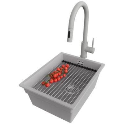 PRIMAGRAN Evier Sous Plan Gris 36x47cm, Evier en Granit 1 bac + Kit de Vidage + Accessoires, Évier au meuble 40cm - Prague