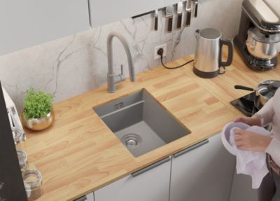 PRIMAGRAN Evier Sous Plan Gris 36x47cm, Evier en Granit 1 bac + Kit de Vidage + Accessoires, Évier au meuble 40cm - Prague