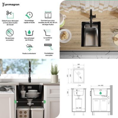 PRIMAGRAN Evier Sous Plan Gris 36x47cm, Evier en Granit 1 bac + Kit de Vidage + Accessoires, Évier au meuble 40cm - Prague
