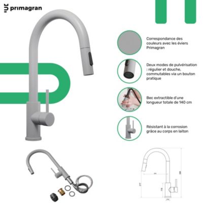 PRIMAGRAN Evier Sous Plan Gris 36x47cm, Evier en Granit 1 bac + Kit de Vidage + Accessoires, Évier au meuble 40cm - Prague