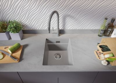 PRIMAGRAN Evier Sous Plan Gris 36x47cm, Evier en Granit 1 bac + Kit de Vidage + Accessoires, Évier au meuble 40cm - Prague