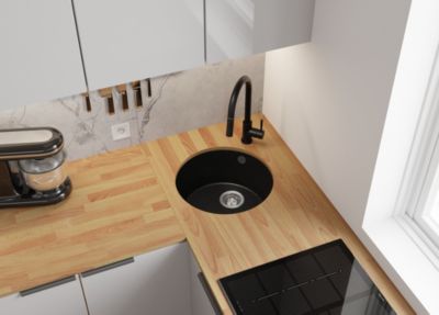 PRIMAGRAN Evier Sous Plan Noir 46x46cm, Evier en Granit 1 bac + Kit de Vidage, Évier au meuble 50cm - La Valette
