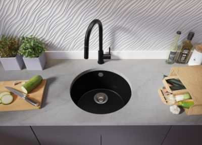 PRIMAGRAN Evier Sous Plan Noir 46x46cm, Evier en Granit 1 bac + Kit de Vidage, Évier au meuble 50cm - La Valette
