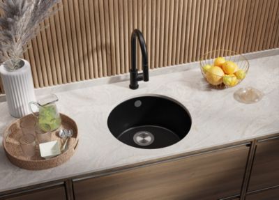 PRIMAGRAN Evier Sous Plan Noir 46x46cm, Evier en Granit 1 bac + Kit de Vidage, Évier au meuble 50cm - La Valette