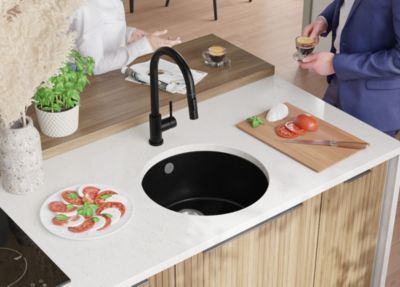 PRIMAGRAN Evier Sous Plan Noir 46x46cm, Evier en Granit 1 bac + Kit de Vidage, Évier au meuble 50cm - La Valette