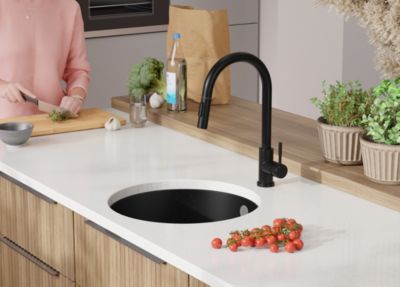 PRIMAGRAN Evier Sous Plan Noir 46x46cm, Evier en Granit 1 bac + Kit de Vidage, Évier au meuble 50cm - La Valette
