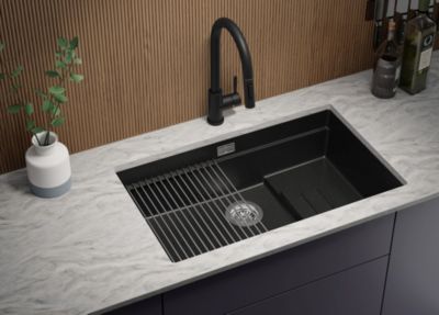 PRIMAGRAN Evier Sous Plan Noir 76x47cm, Evier en Granit 1 bac + Kit de Vidage + Accessoires, Évier au meuble 80cm - Prague