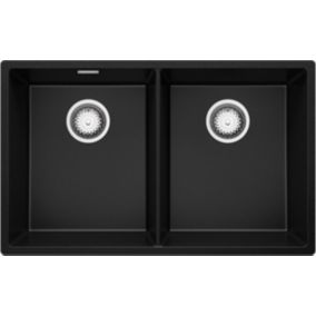 PRIMAGRAN Evier Sous Plan Noir 76x47cm, Evier en Granit 2 bacs + Kit de Vidage, Évier au meuble 80cm - London Twin