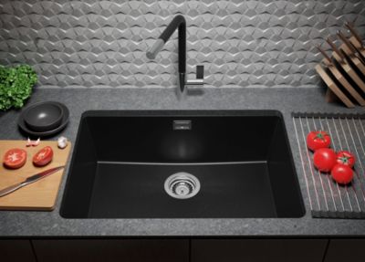 PRIMAGRAN Evier Sous Plan Noir Métallisé 66x47cm, Evier en Granit 1 bac + Kit de Vidage, Évier au meuble 70cm - London